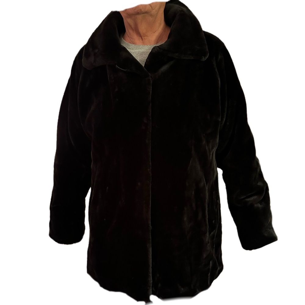 Fur is always in! Sz 2X Black Faux Fur 3/4 Length Jacket w/Dust Cover, EUC.